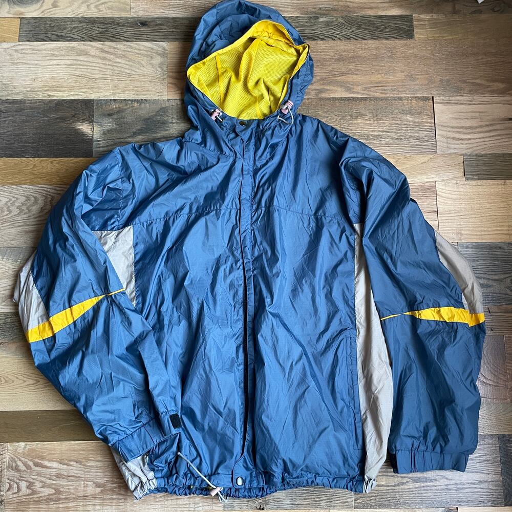 Vintage Morrow Snowboards Hooded Ski Snowboard Shell Jacket Blue Yellow L